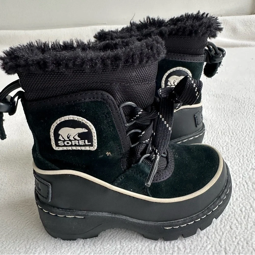 Sorel YOUTH Black Winter Snow Boots Kids Size 8 US Suede Rubber Faux Fur Lace Up